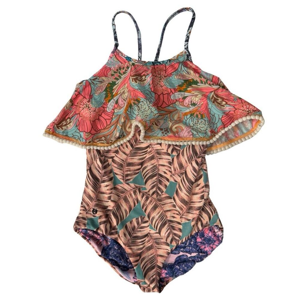 Maaji Girls Colorful Floral One Piece Swimsuit Reversible Ruffles 10 / 12